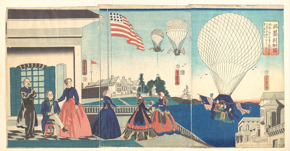 “America”: Enjoying Hot Air Balloons, Utagawa Yoshitora (Japanese, active ca. 1850–80), Triptych of woodblock prints; ink and color on paper, Japan 