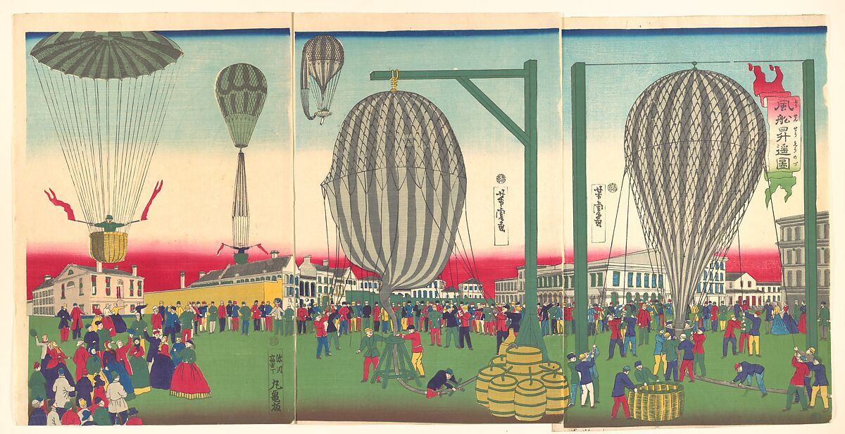 Illustration of a Balloon Ascending (Fūsen shōyō no zu), Utagawa Yoshitora (Japanese, active ca. 1850–80), Triptych of woodblock prints; ink and color on paper, Japan 