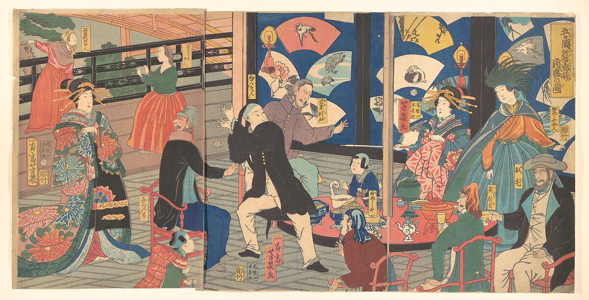 The Five Nations Enjoying a Drunken Revel at the Gankirō Tea House, Utagawa Yoshiiku (Japanese, 1833–1904), Triptych of woodblock prints; ink and color on paper, Japan 