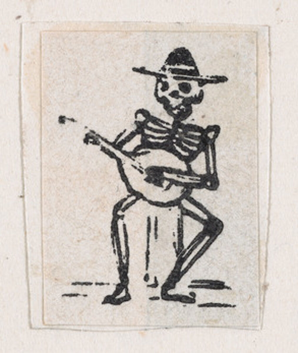 Skeleton playing the guitar, from a broadside entitled 'De este famoso hipodromo en la pista, no faltara ni un solo periodista', published by Antonio Vanegas Arroyo., José Guadalupe Posada (Mexican, Aguascalientes 1852–1913 Mexico City), Zincograph 