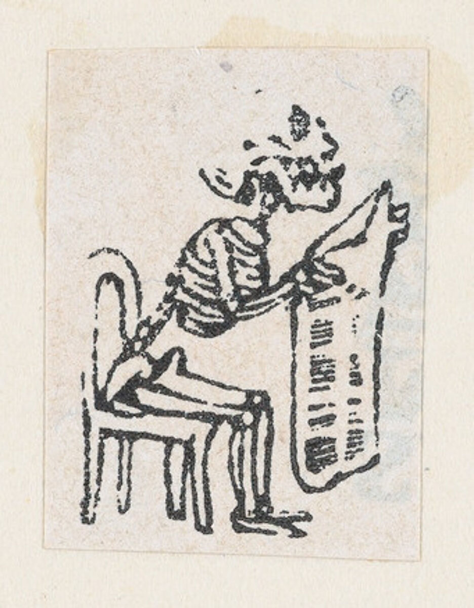 Skeleton sitting on a chair and reading a newspaper, from a broaside entitled 'De este famoso hipodromo en la pista, no faltara ni un solo periodista', published by Antonio Vanegas Arroyo., José Guadalupe Posada (Mexican, Aguascalientes 1852–1913 Mexico City), Zincograph 