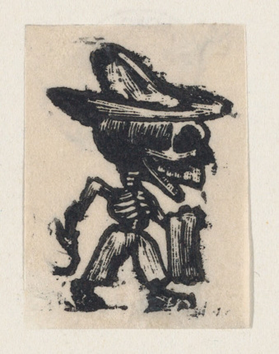 Skeleton wearing a hat and carrying a towel, José Guadalupe Posada (Mexican, Aguascalientes 1852–1913 Mexico City), Etching on zinc 