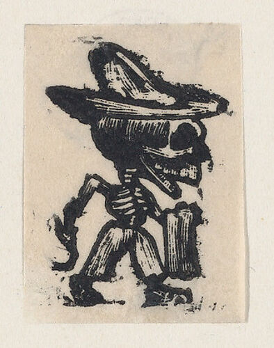 Skeleton wearing a hat and carrying a towel