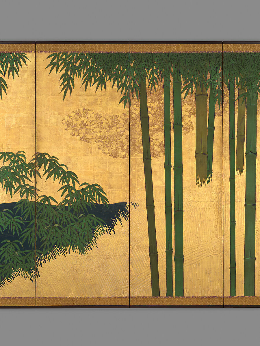 Bamboo Grove, Unidentified artist (Japanese), Pair of six-panel folding screens; ink, color, gold, and gold leaf on paper	, Japan