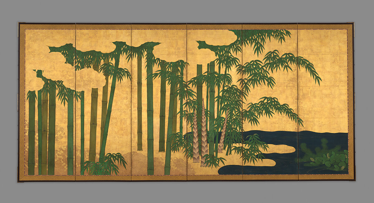 Bamboo Grove, Unidentified artist (Japanese), Pair of six-panel folding screens; ink, color, gold, and gold leaf on paper	, Japan