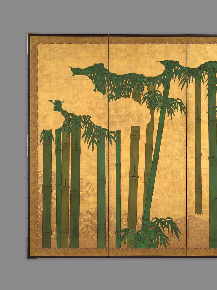 Bamboo Grove, Unidentified artist (Japanese), Pair of six-panel folding screens; ink, color, gold, and gold leaf on paper	, Japan