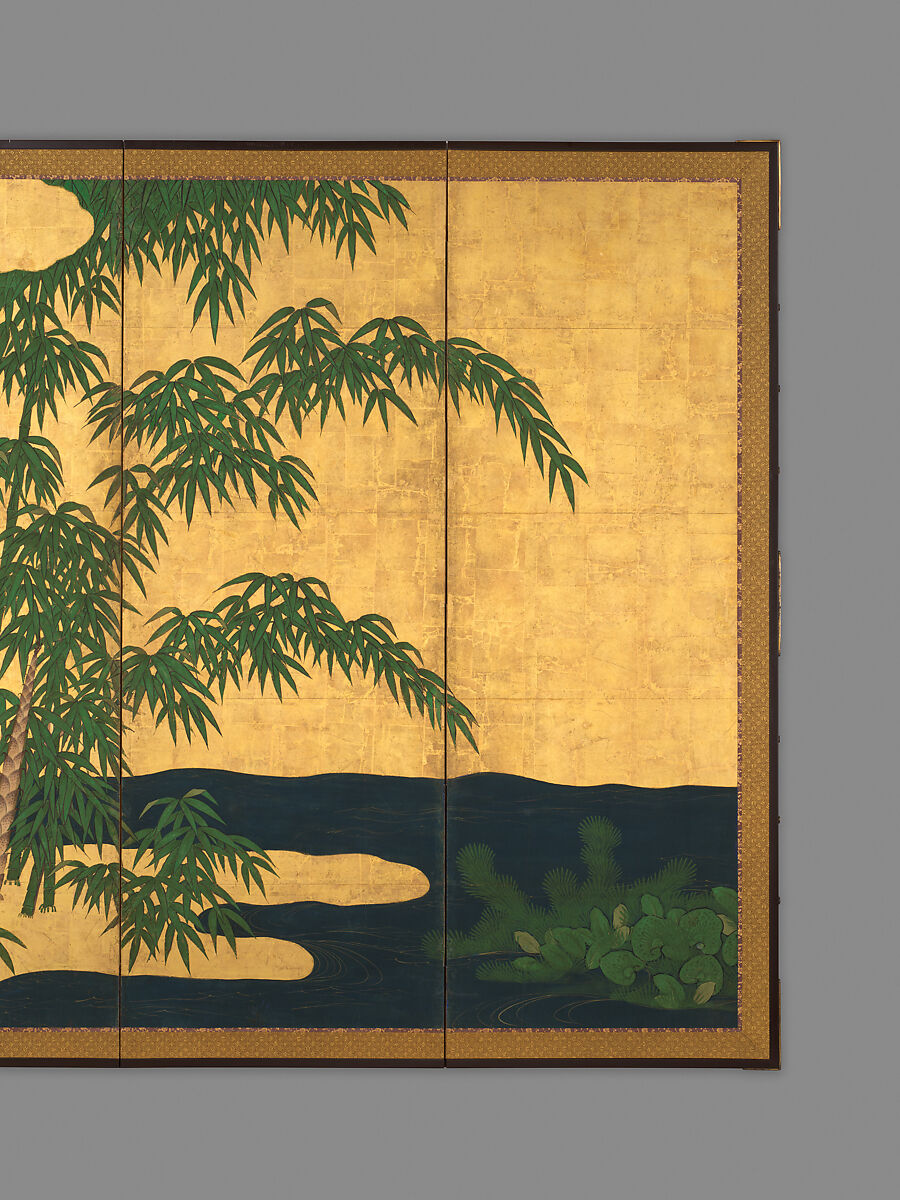 Bamboo Grove, Unidentified artist (Japanese), Pair of six-panel folding screens; ink, color, gold, and gold leaf on paper	, Japan