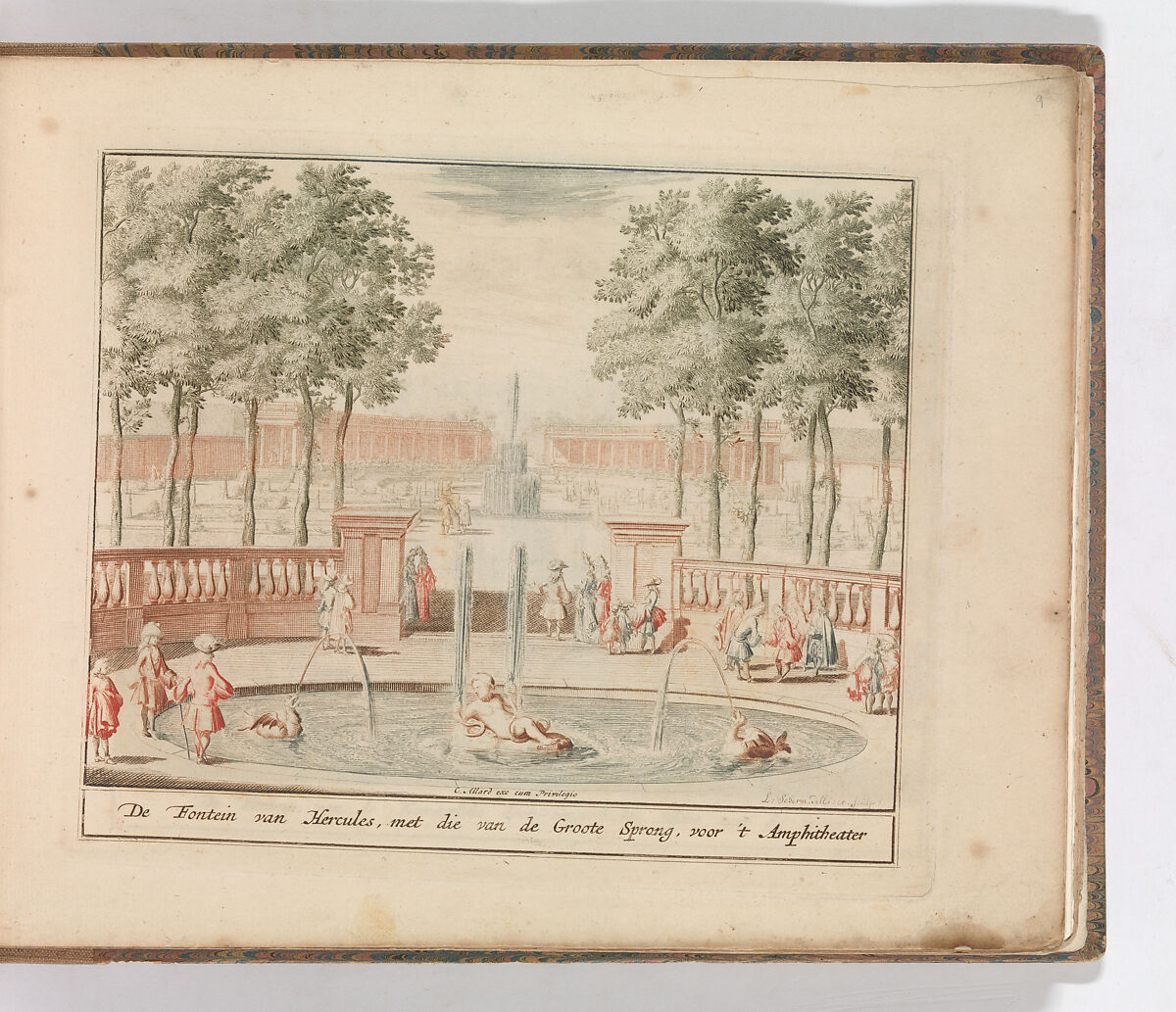 'De Fontein van Hercules, met die van de Groote Sprong, voor 't Amphitheater', in: Tooneel Der Voornaamste Nederlands Huizen, En Lust Hoven, Naar T Leven Afgebeeld, Carel Allard (Dutch, Amsterdam 1648–ca. 1709 Amsterdam), Color engraving (à la poupée) 