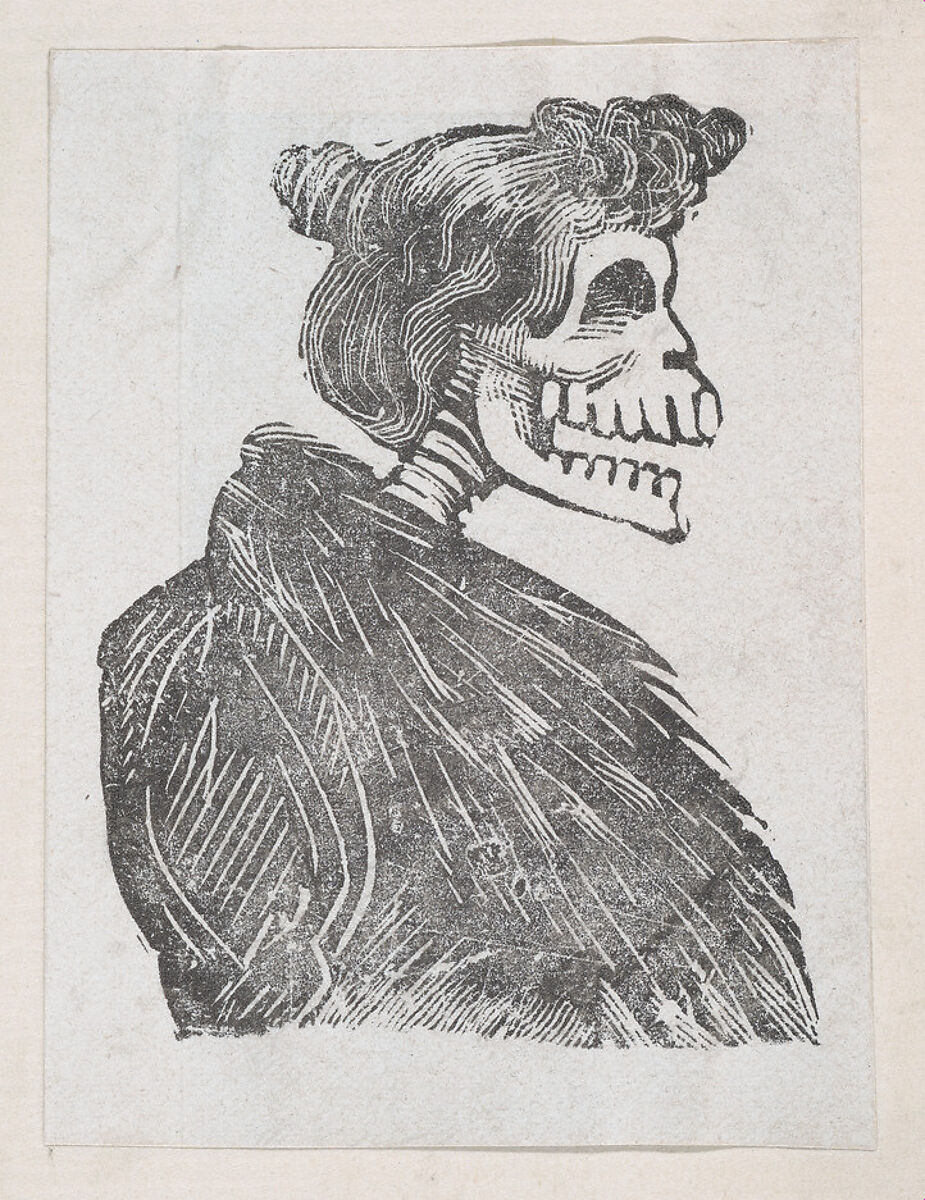 Profile of a female skeleton with a fur vest, from a broaside entitled 'La Calavera de Cupido', published by Antonio Vanegas Arroyo., José Guadalupe Posada (Mexican, Aguascalientes 1852–1913 Mexico City), Zincograph 