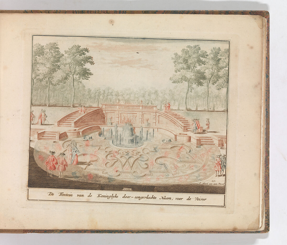 'De Fontein van de Koninglijke door-eengevlochte Naam; voor de veiver', in: Tooneel Der Voornaamste Nederlands Huizen, En Lust Hoven, Naar T Leven Afgebeeld, Carel Allard (Dutch, Amsterdam 1648–ca. 1709 Amsterdam), Color engraving (à la poupée) 