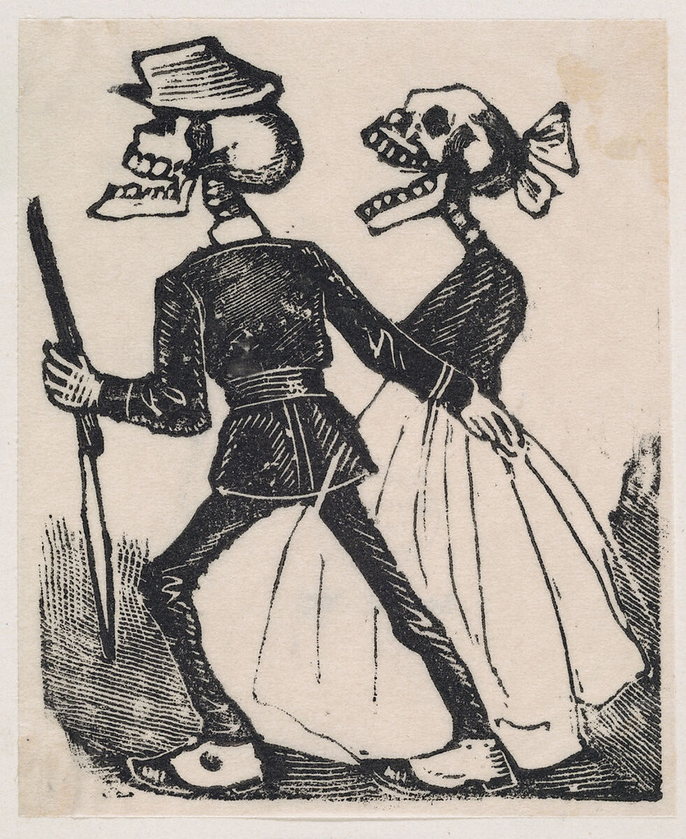 A male skeleton leading a female skeleton to the left, from a broaside entitled 'La Calavera de Cupido', published by Antonio Vanegas Arroyo., José Guadalupe Posada (Mexican, Aguascalientes 1852–1913 Mexico City), Type-metal engraving 
