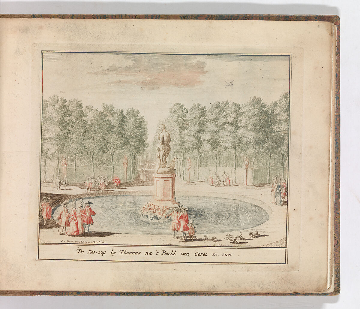 'De Zes-weg by Phaunus na 't Beeld van Ceres te zien', in: Tooneel Der Voornaamste Nederlands Huizen, En Lust Hoven, Naar T Leven Afgebeeld, Carel Allard (Dutch, Amsterdam 1648–ca. 1709 Amsterdam), Color engraving (à la poupée) 