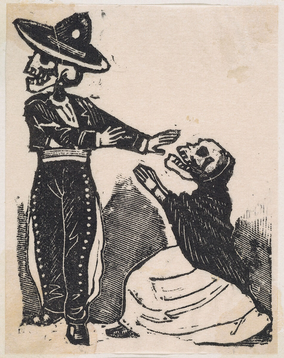 A skeleton in a torero costume turning away from a kneeling skeleton in a shawl and dress, from the broadside "El gran panteón amoroso", José Guadalupe Posada (Mexican, Aguascalientes 1852–1913 Mexico City), Type-metal engraving 