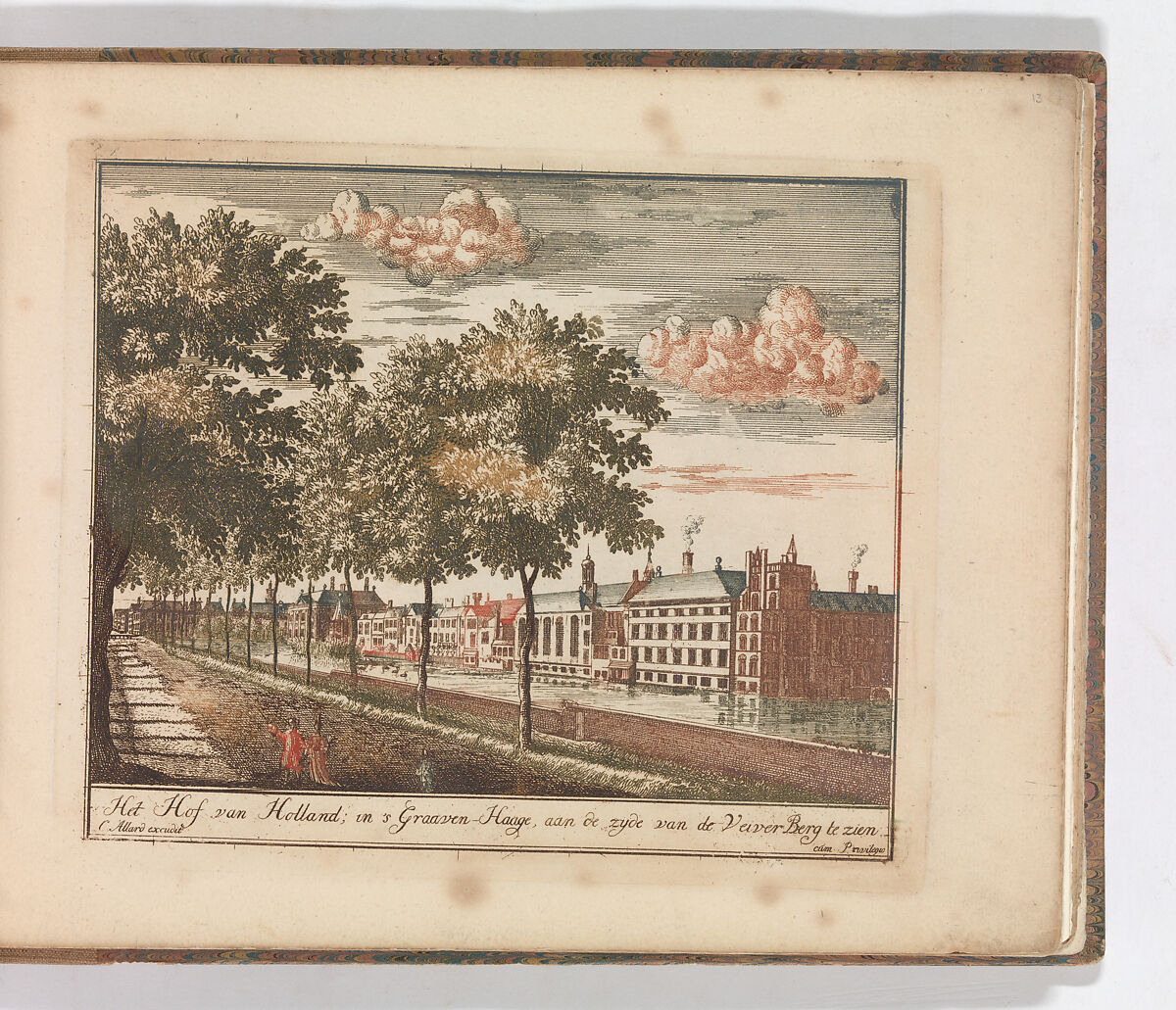 'Het Hof van Holland; in 's Graven-Hage, aan de zyde van de Veiver Berg te zien'', in: Tooneel Der Voornaamste Nederlands Huizen, En Lust Hoven, Naar T Leven Afgebeeld, Carel Allard (Dutch, Amsterdam 1648–ca. 1709 Amsterdam), Color engraving (à la poupée) 