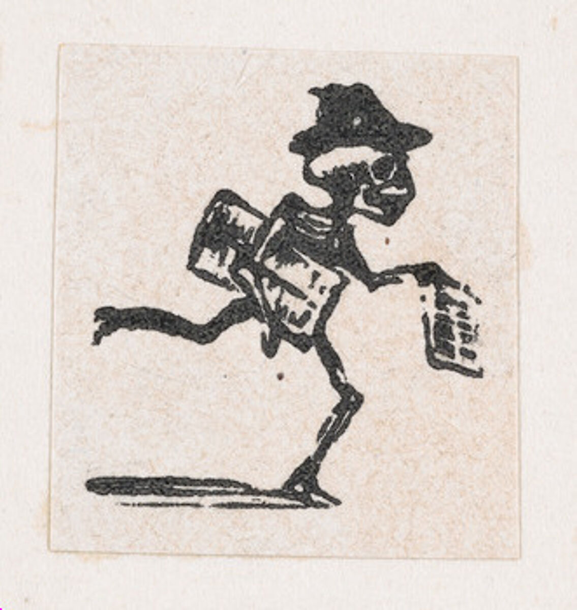A skeleton wearing a hat, holding newspapers and running, José Guadalupe Posada (Mexican, Aguascalientes 1852–1913 Mexico City), Zincograph 