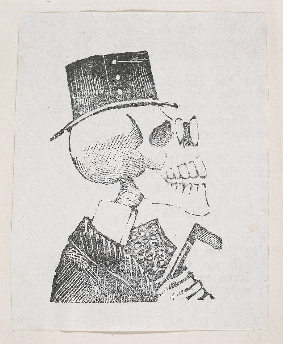 A profile of a skeleton with a tophat, a coat, and glasses, from a broaside entitled 'La Calavera de Cupido', published by Antonio Vanegas Arroyo., José Guadalupe Posada (Mexican, Aguascalientes 1852–1913 Mexico City), Type-metal engraving (reproduction) 