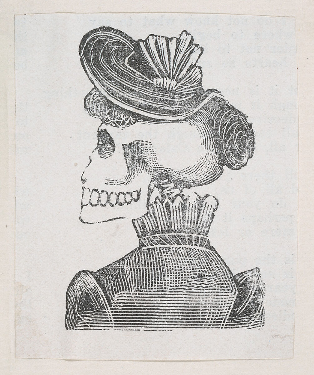 A skeleton with her back turned wearing a coat and hat, from a broaside entitled 'La Calavera de Cupido', published by Antonio Vanegas Arroyo., José Guadalupe Posada (Mexican, Aguascalientes 1852–1913 Mexico City), Type-metal engraving (reproduction) 