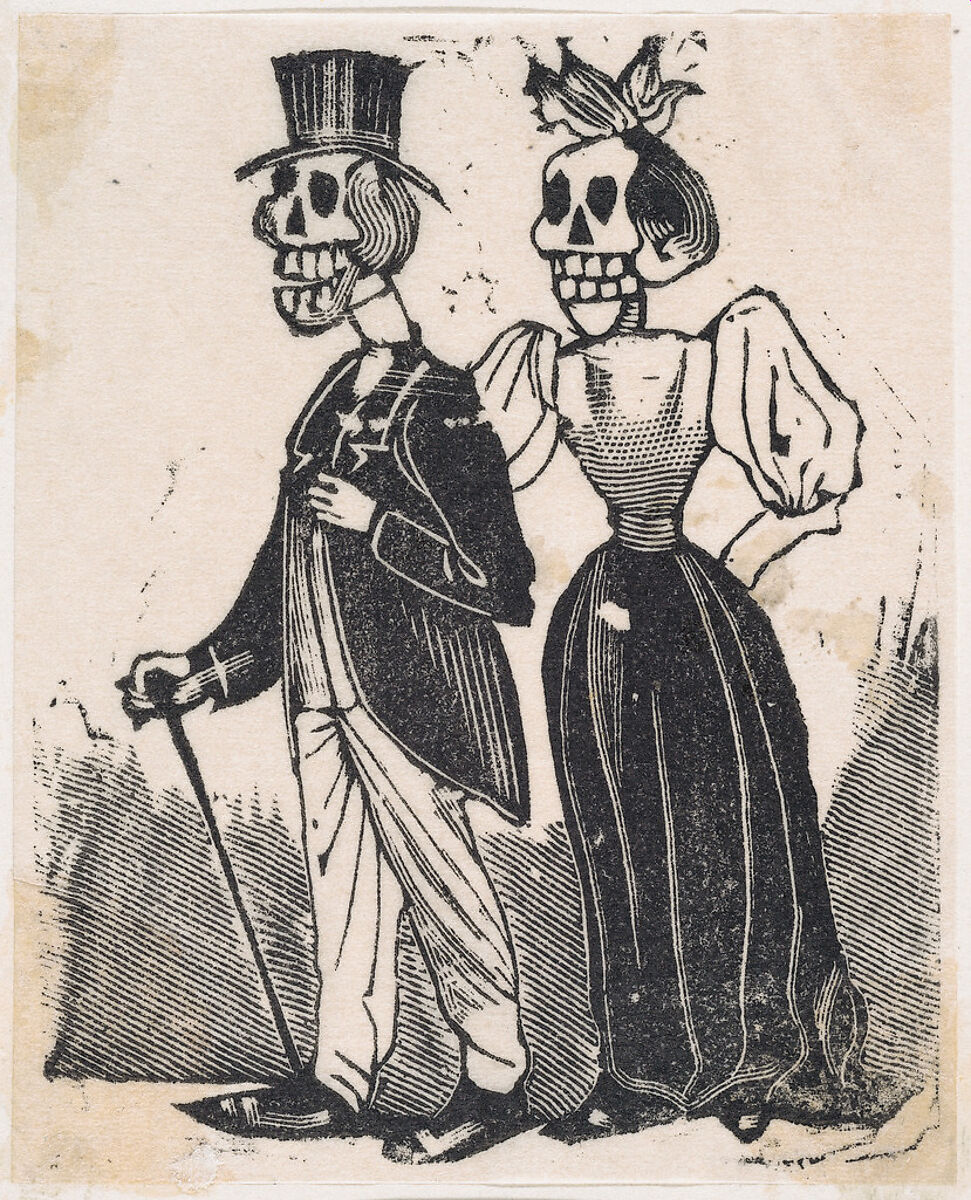 Two elegantly dressed skeletons walking, from a broadside entitled, 'El Gran Panteon Amoroso,' published by Antonio Vanegas Arroyo., José Guadalupe Posada (Mexican, Aguascalientes 1852–1913 Mexico City), Type-metal engraving 