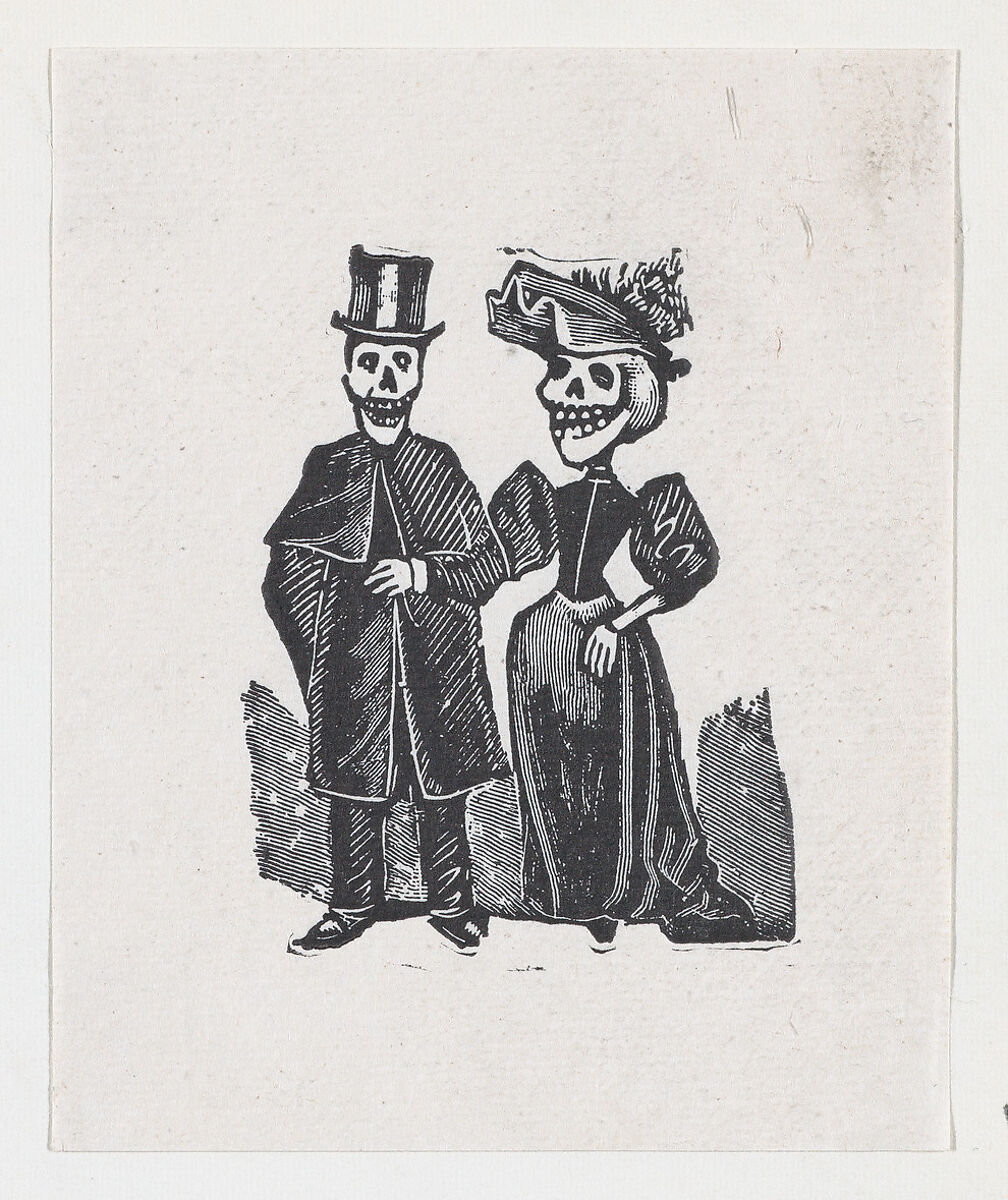 Two elegantly dressed skeletons walking, from a broadside entitled, 'El Gran Panteon Amoroso,' published by Antonio Vanegas Arroyo., José Guadalupe Posada (Mexican, Aguascalientes 1852–1913 Mexico City), Etching on zinc 