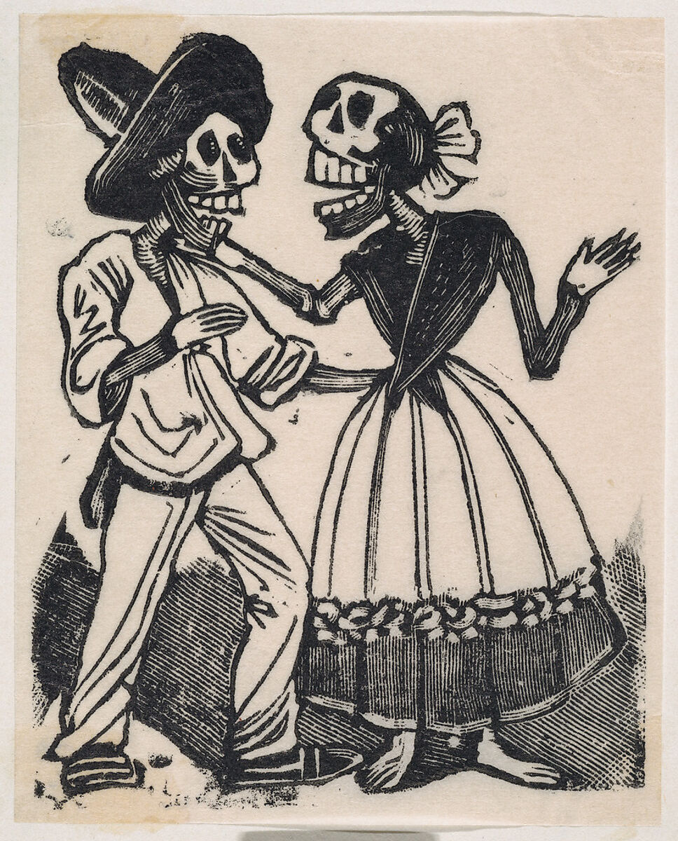 A skeleton in farming clothes speaking to a skeleton in a dress, from a broaside entitled 'La Calavera de Cupido', published by Antonio Vanegas Arroyo., José Guadalupe Posada (Mexican, Aguascalientes 1852–1913 Mexico City), Type-metal engraving 