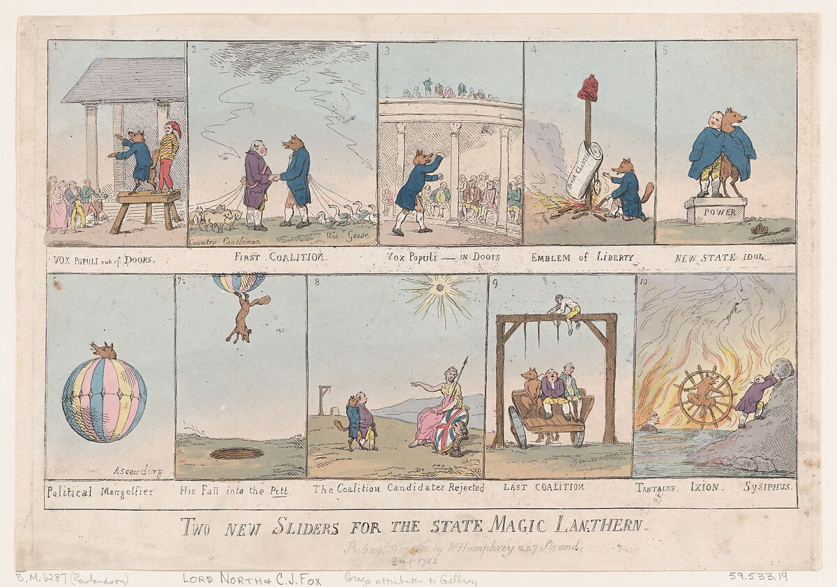 Two New Slides for the State Magic Lantern, Thomas Rowlandson (British, London 1757–1827 London), Hand-colored etching 