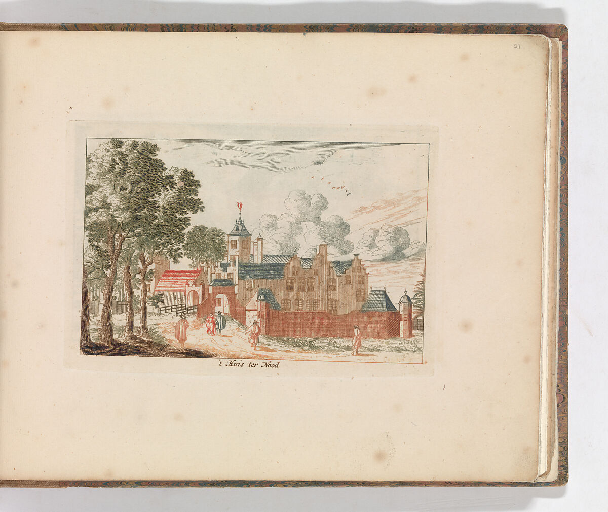 ' 't Huis ter Nood', in: Tooneel Der Voornaamste Nederlands Huizen, En Lust Hoven, Naar T Leven Afgebeeld, Carel Allard (Dutch, Amsterdam 1648–ca. 1709 Amsterdam), Color engraving (à la poupée) 