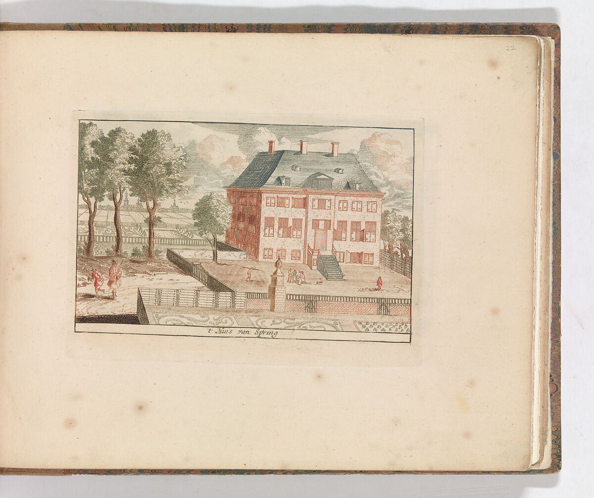 ' 't Huis van Spiring', in: Tooneel Der Voornaamste Nederlands Huizen, En Lust Hoven, Naar T Leven Afgebeeld, Carel Allard (Dutch, Amsterdam 1648–ca. 1709 Amsterdam), Color engraving (à la poupée) 