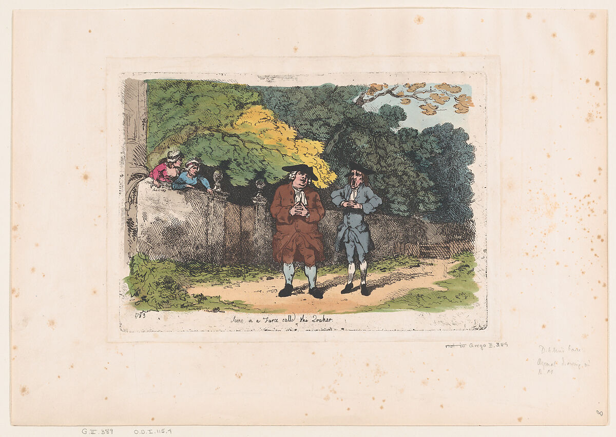 Scene in a Farce called The Quaker, Thomas Rowlandson (British, London 1757–1827 London), Hand-colored etching 