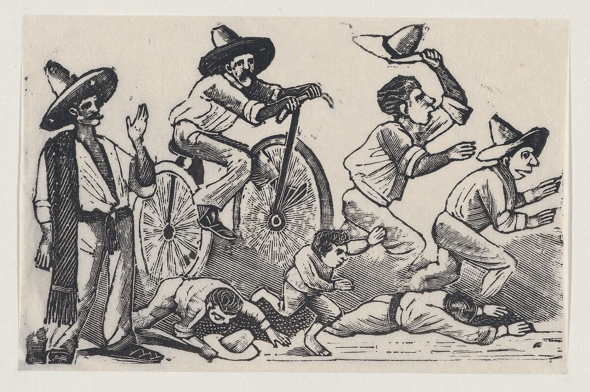 A man on a bicyle running over people, from a broadside entitled 'La Bicicleta', José Guadalupe Posada (Mexican, 1851–1913), Type-metal engraving 