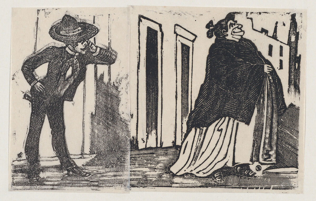 A man looking at a woman who walks by, José Guadalupe Posada (Mexican, Aguascalientes 1852–1913 Mexico City), Type-metal engraving 