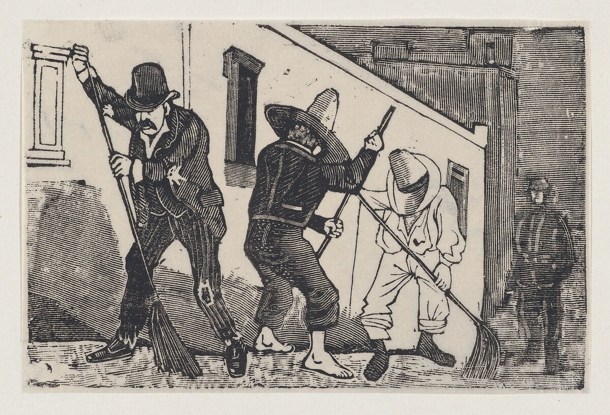 A group of men sweeping the street, José Guadalupe Posada (Mexican, Aguascalientes 1852–1913 Mexico City), Type-metal engraving 