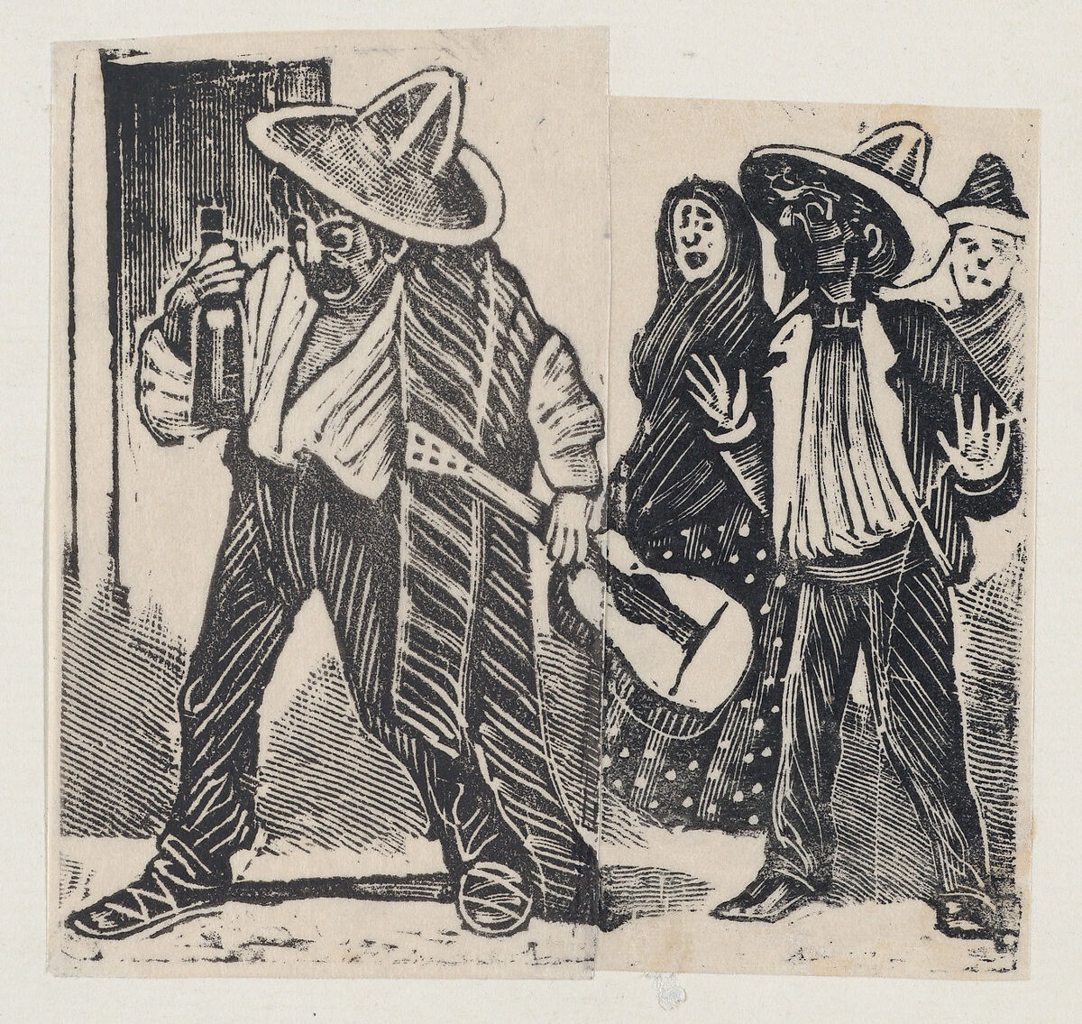 A man holding a bottle and guitar and another man with both hands raised, from a broadside entitled 'Versos de lino matadas', published by Antonio Vanegas Arroyo, José Guadalupe Posada (Mexican, Aguascalientes 1852–1913 Mexico City), Type-metal engraving 