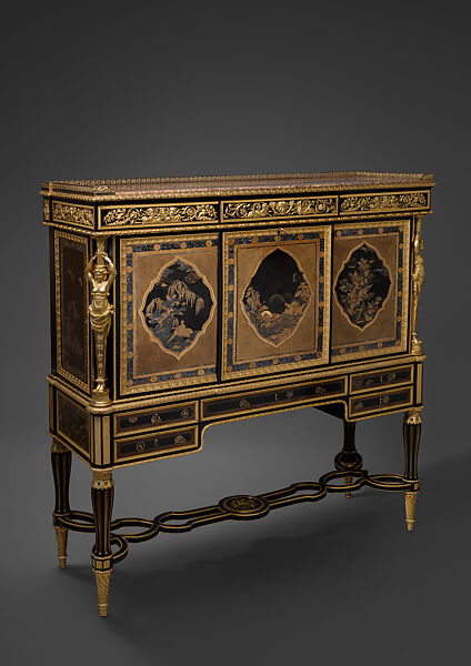 Fall-Front Secretary on Stand, Adam Weisweiler (French, 1744–1820), Oak, exterior veneered with ebony and Japanese lacquer, mother of pearl; gilt bronze; interior: sycamore and other marquetry woods, leather, French 