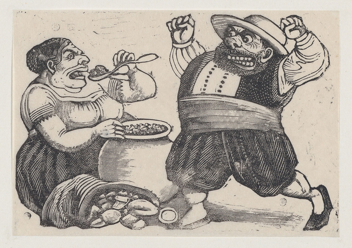 A woman eating and a man facing her with an angry expression and raised fists, from a broadside entitled 'Loa dicha por Sancho Panza y Doña Cenobia en honor de la Pureza de Maria Santisima', José Guadalupe Posada (Mexican, Aguascalientes 1852–1913 Mexico City), Type-metal engraving 