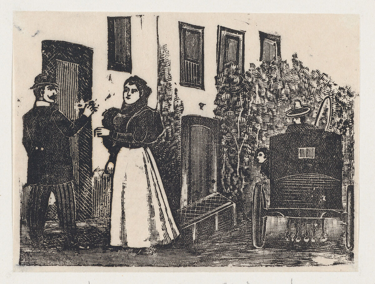 A middle-class couple (Maria la chiquita) outside a house with a waiting coach, José Guadalupe Posada (Mexican, Aguascalientes 1852–1913 Mexico City), Type-metal engraving 
