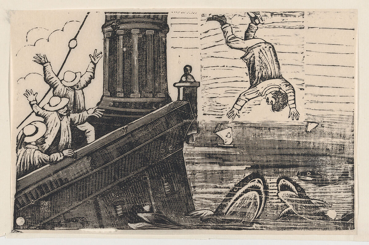 A man being thrown to the sharks, from a broadside entitled 'Triste Fin de Gerardo Nevraumont', José Guadalupe Posada (Mexican, Aguascalientes 1852–1913 Mexico City), Type-metal engraving 