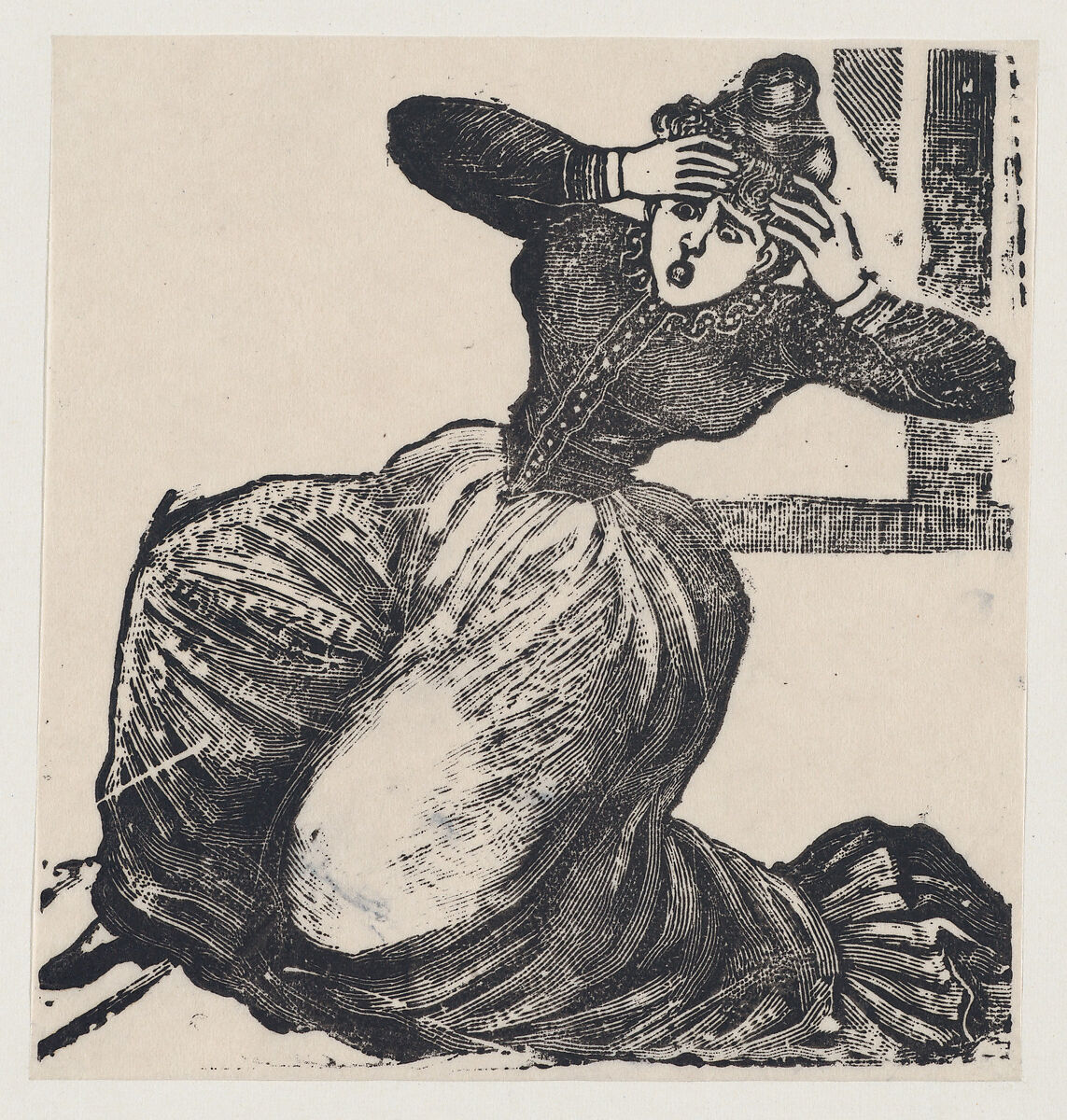 A gasping woman on the ground with her hands raised to her head, from a broadside entitled 'Gaceta Callejera', José Guadalupe Posada (Mexican, Aguascalientes 1852–1913 Mexico City), Type-metal engraving 
