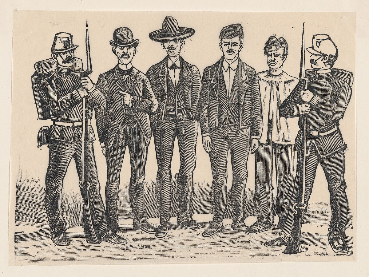 Four criminals standing in a line flanked by officers, relating to the impending executions of Luis Izaguirre, Bruno Martinez, Francisco Guerrero, and Alberto Fernandez, who were connected with a theft at La Profesa, José Guadalupe Posada (Mexican, Aguascalientes 1852–1913 Mexico City), Type-metal engraving 