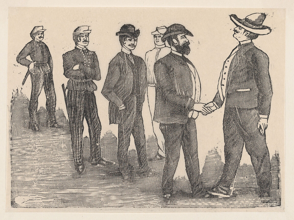 Two men shaking hands in the foreground and officers watching them in the background, José Guadalupe Posada (Mexican, Aguascalientes 1852–1913 Mexico City), Type-metal engraving 