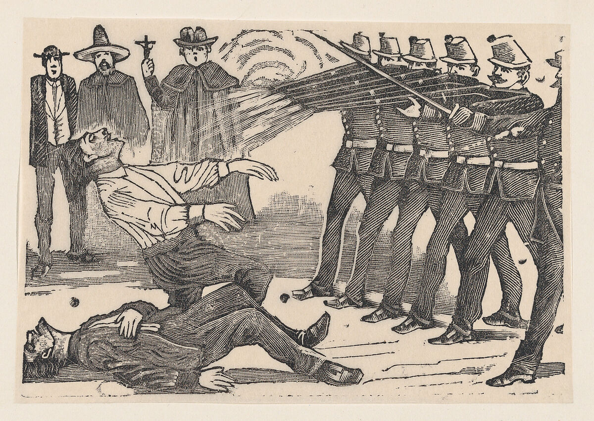 A firing squad executing two men, a priest and other figures in the background, José Guadalupe Posada (Mexican, 1851–1913), Type-metal engraving 
