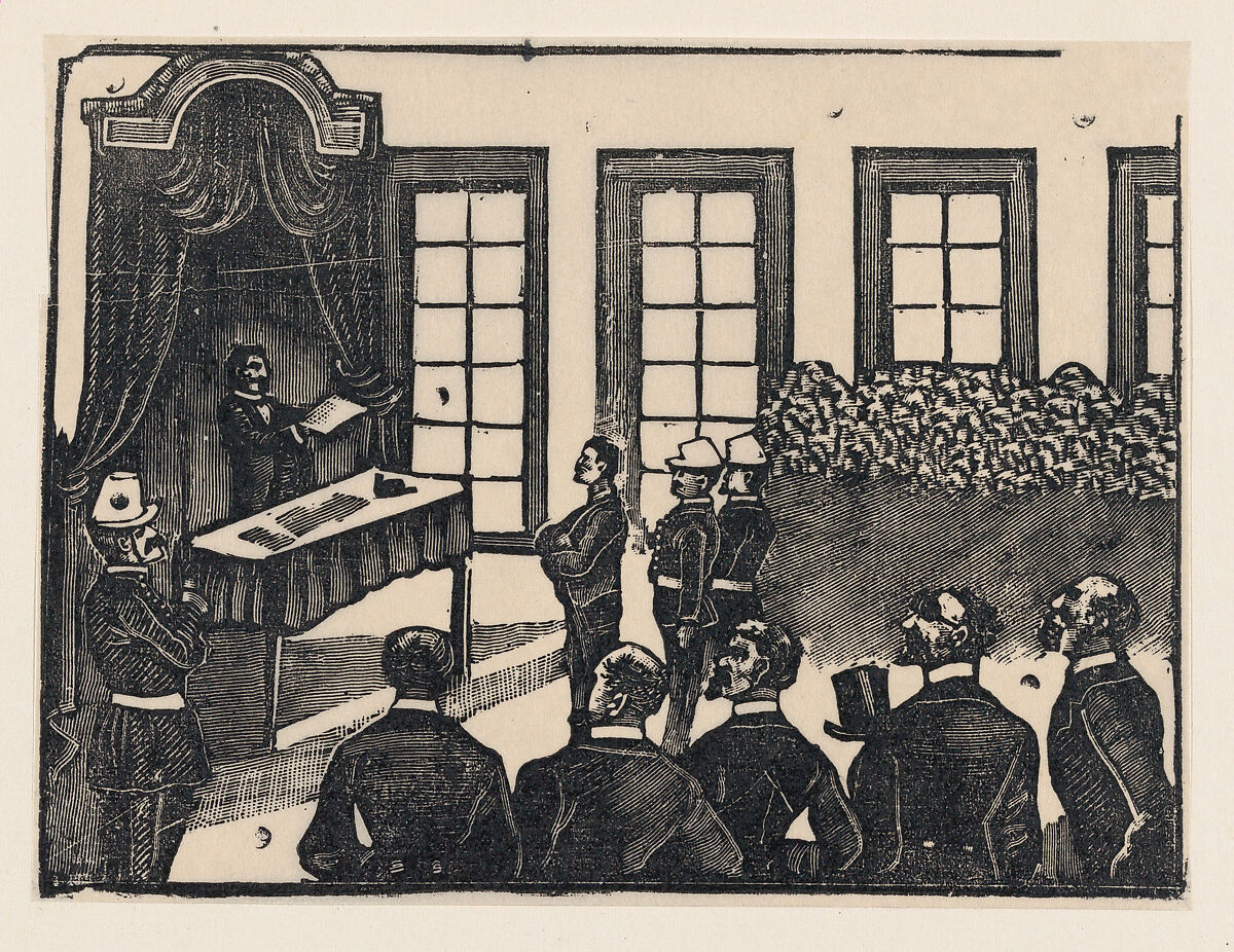 A courtroom scene, José Guadalupe Posada (Mexican, Aguascalientes 1852–1913 Mexico City), Type-metal engraving 