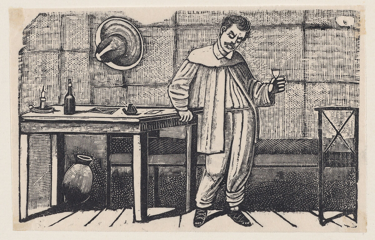 A man with a glass in his hand looking downwards and leaning on a table, an illustration from 'El huérfano', José Guadalupe Posada (Mexican, Aguascalientes 1852–1913 Mexico City), Type-metal engraving 