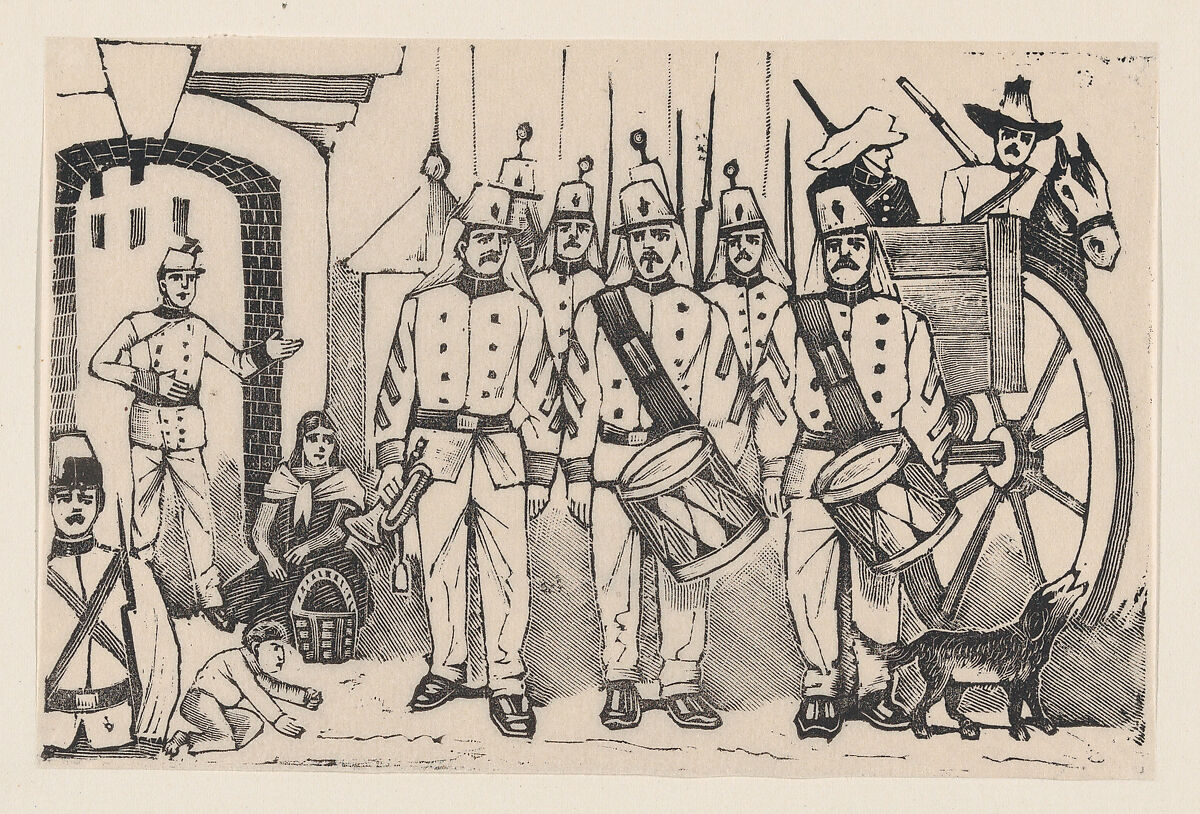 A marching band standing in a street, illustration from 'La gorra del cuartel', José Guadalupe Posada (Mexican, Aguascalientes 1852–1913 Mexico City), Type-metal engraving 