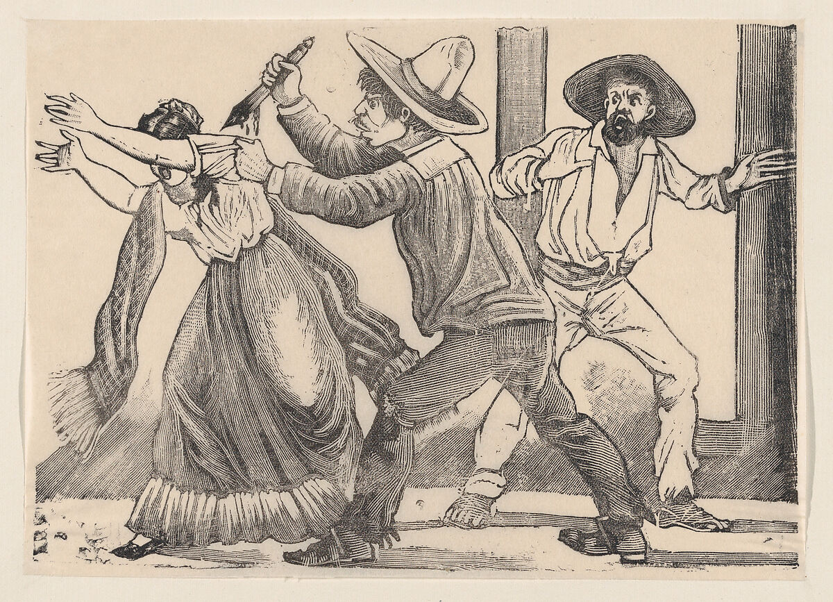 A man grabbing a woman by her sleeve and stabbing her, from a broadside entitled 'The murder of Leandra Martinez by her brother, Manuel', José Guadalupe Posada (Mexican, 1851–1913), Type-metal engraving 
