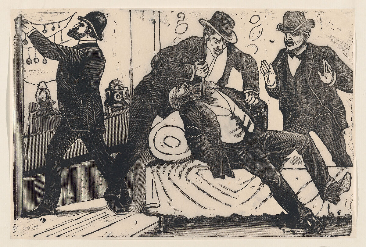 A man stabbing another man in the chest while his associates loot a store, from a broadside entitled 'The theft at La Profesa', José Guadalupe Posada (Mexican, Aguascalientes 1852–1913 Mexico City), Type-metal engraving 