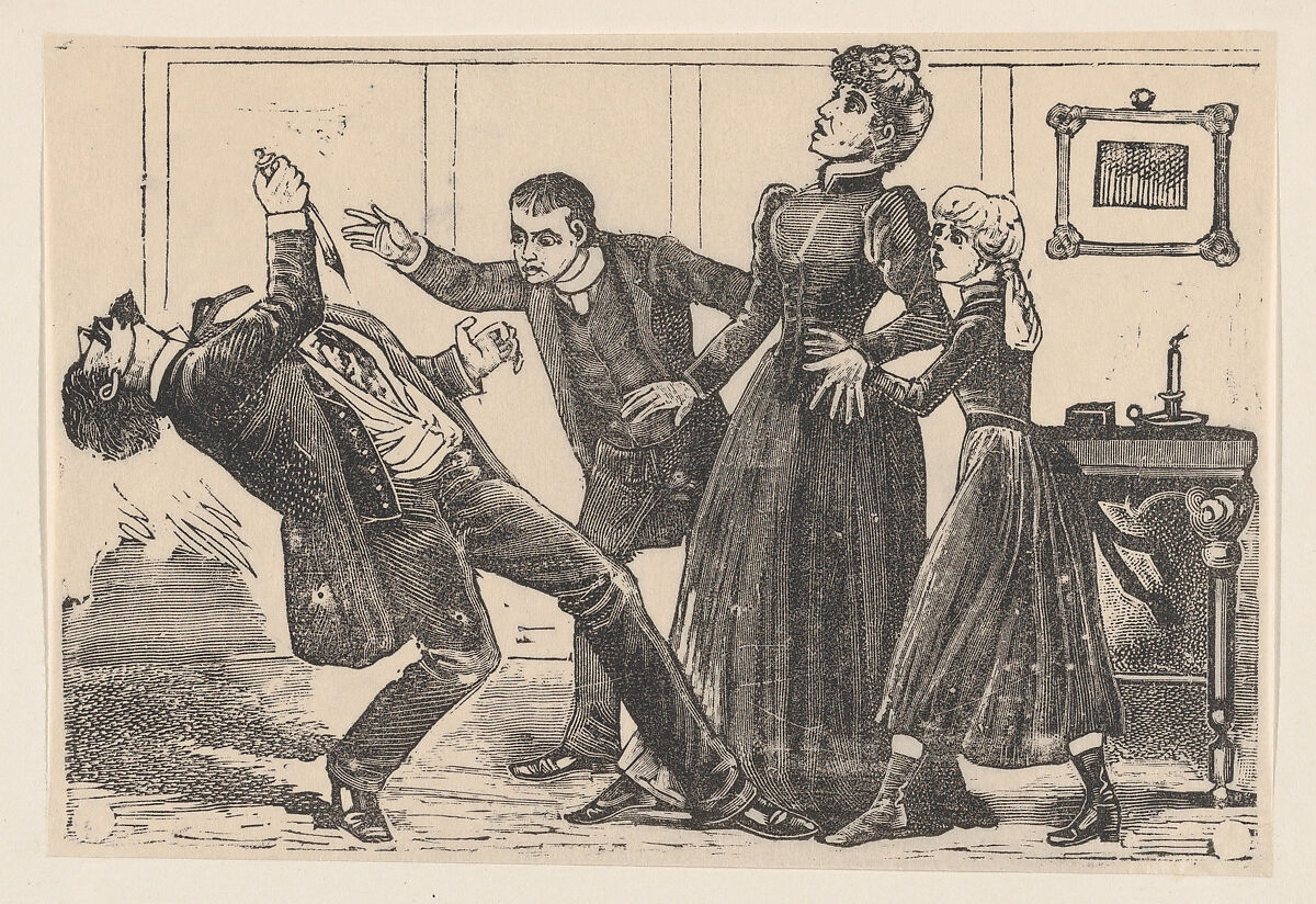 A man who has just stabbed himself falls backwards accompanied by three people, José Guadalupe Posada (Mexican, Aguascalientes 1852–1913 Mexico City), Type-metal engraving 