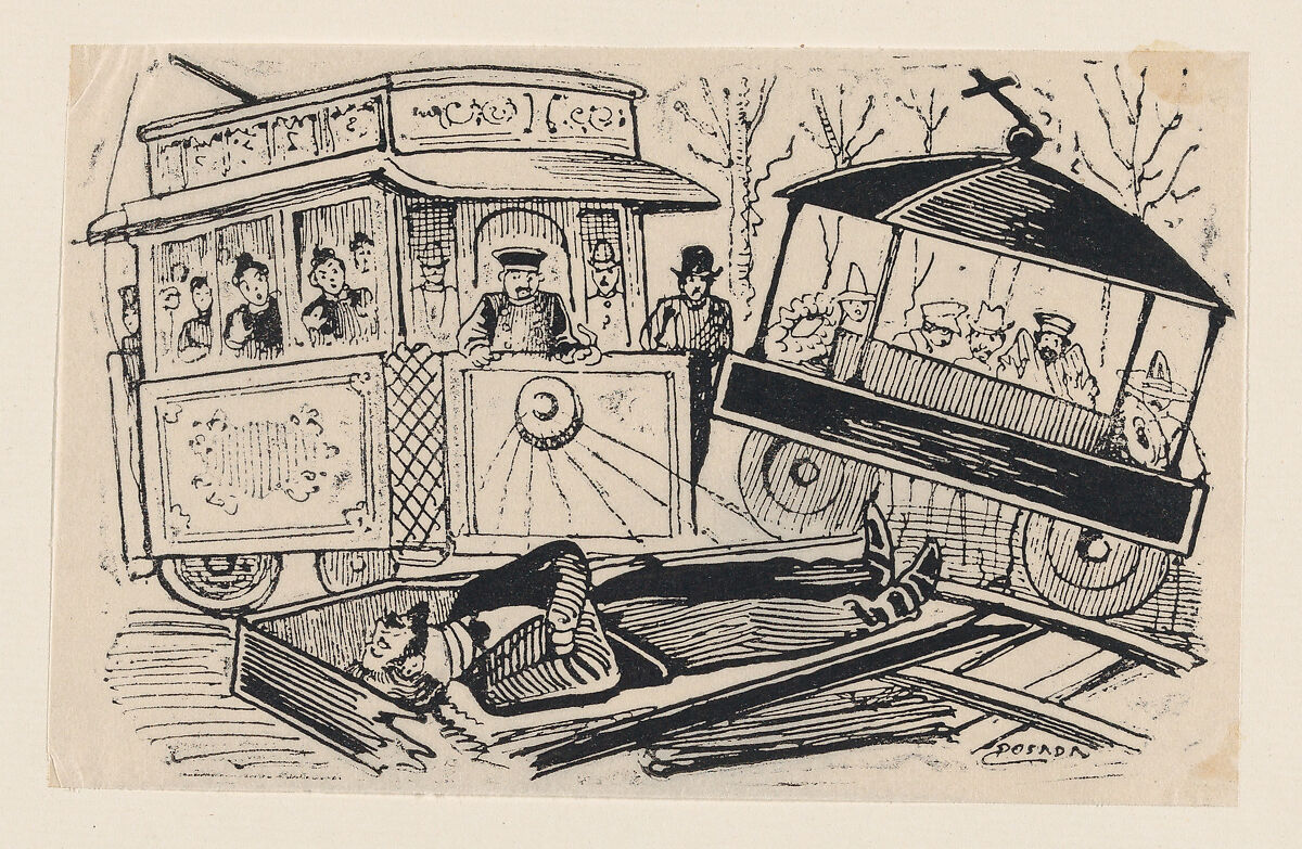 Collision between a trolley and a hearse, José Guadalupe Posada (Mexican, Aguascalientes 1852–1913 Mexico City), Zincograph 