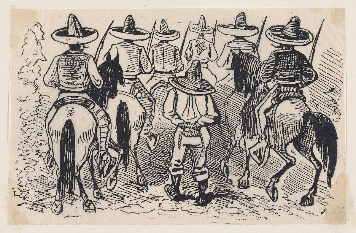 A group of Zapata followers on horseback from a broadside entitled 'Most wonderful miracle by the intercession of Our Most Blessed Lady of Perpetual Help worshipped in Cholula', José Guadalupe Posada (Mexican, Aguascalientes 1852–1913 Mexico City), Zincograph 