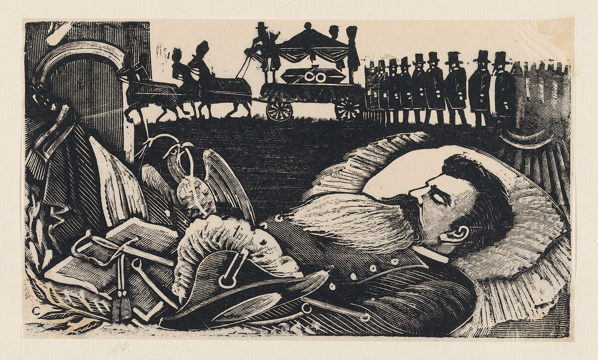 General Manuel Gonzalez on his deathbed, from a broadside entitled 'Arrival at the capital of the body of General Manuel Gonzalez', José Guadalupe Posada (Mexican, Aguascalientes 1852–1913 Mexico City), Type-metal engraving 