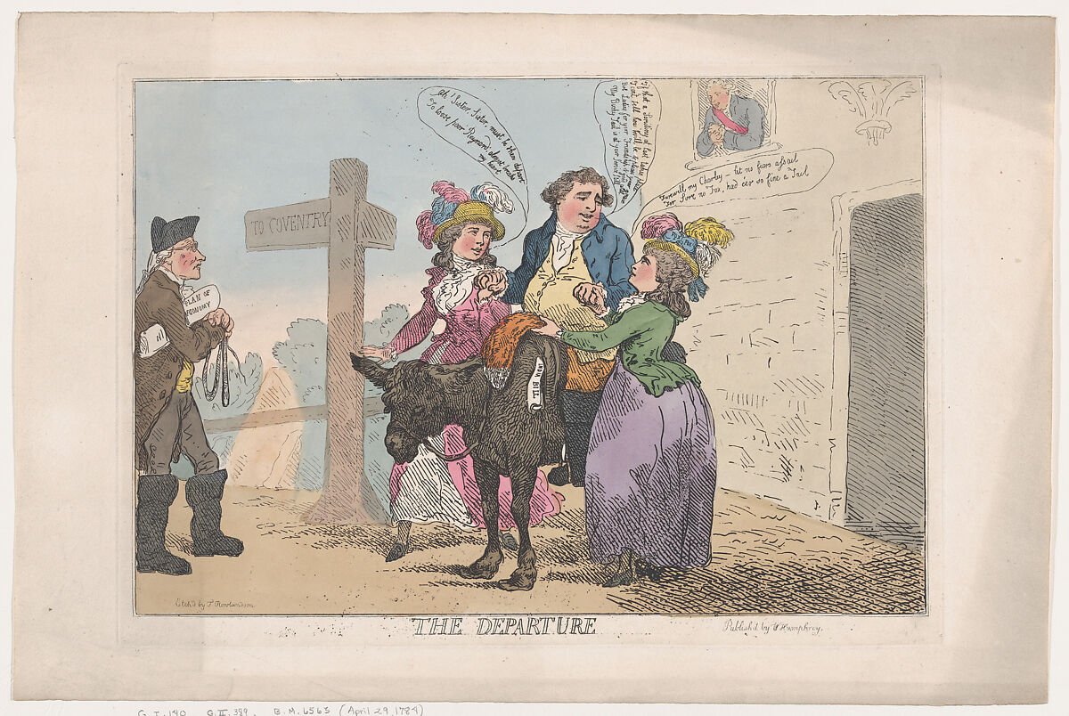 The Departure, Thomas Rowlandson (British, London 1757–1827 London), Hand-colored etching 
